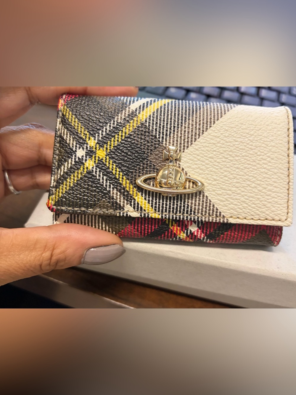 Vivienne Westwood Plaid Key Case with Gold Orb Logo - Black/White/Yellow/Red